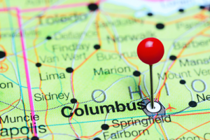 Map zoomed in on Ohio with red pushpin marking city of Columbus