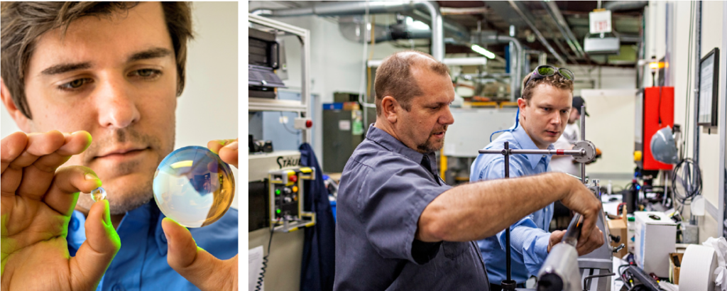 Left: Laser Optical Designer Tim Gorman shows how much smaller the micro-lenses and mirrors must be to deliver laser peening to hard-to-reach parts. Right: Production Manager Andy Kerber helps Stan Bovid, Director of Materials Research, pinpoint exact measurement for laser peen forming for a new customer solution. Laser peen forming uses the precision and power of laser plasma explosions to adjust the straightness and curvature of metal parts, from small castings to hull sections for high-performance naval vessels.