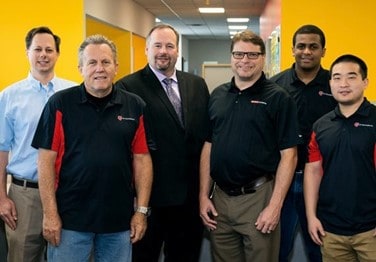 From left to right, here are the Beckhoff and LSPT team members involved in adapting PC-based control technology for laser peening: LSP Technologies Head of Electrical Engineering Keith Glover,  the late Gary Grossenbacher, then Head of LSPT  Mechanical Engineering, Beckhoff Regional Sales Engineer Randy Ryerson, Beckhoff Application Engineer Erik Soeder, LSPT Electrical Engineer Avery Calhoun, and Head of Controls Engineering Michael Yao.